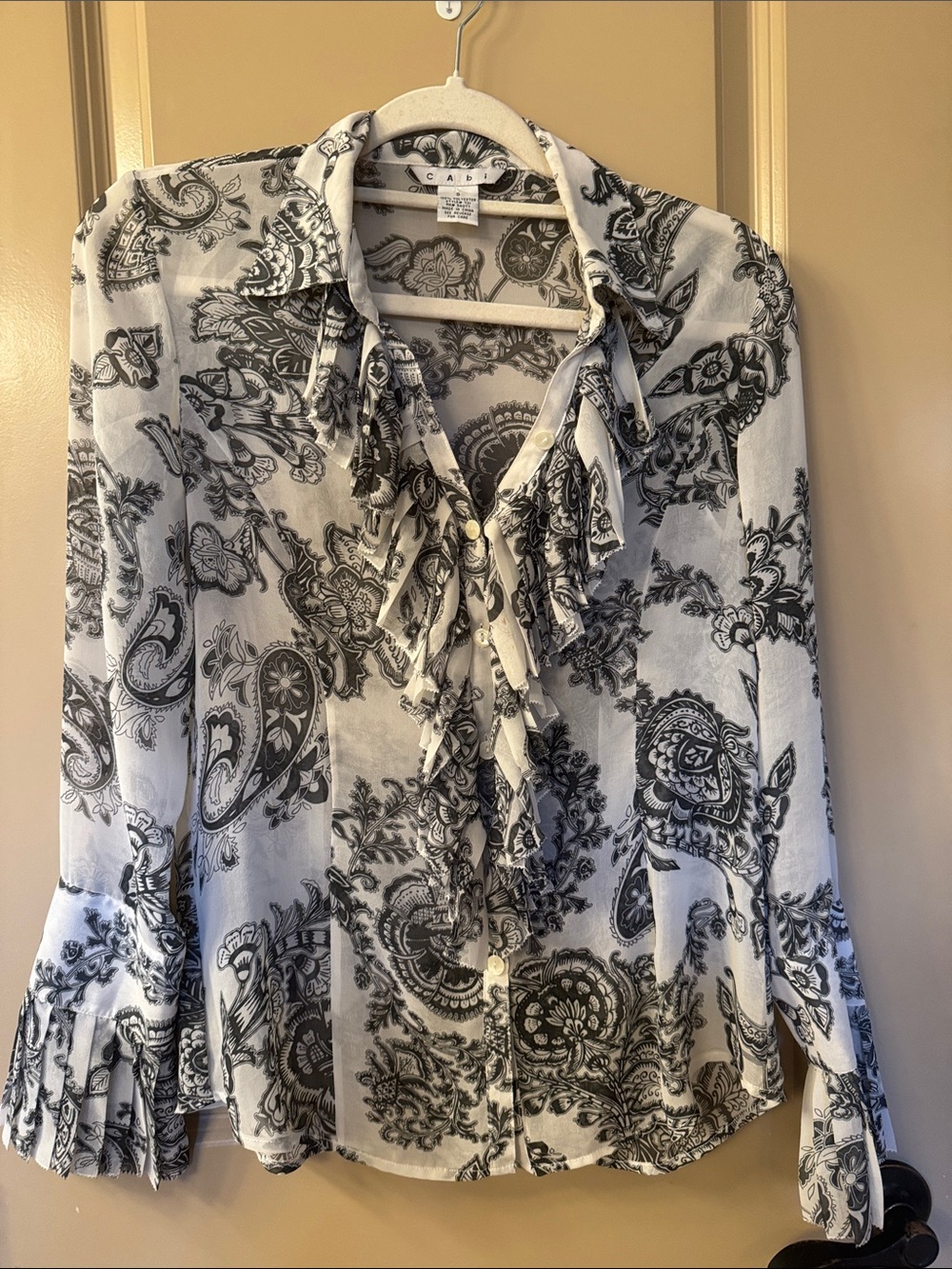 Cabi Black & White Paisley Ruffle Button-Down Blouse